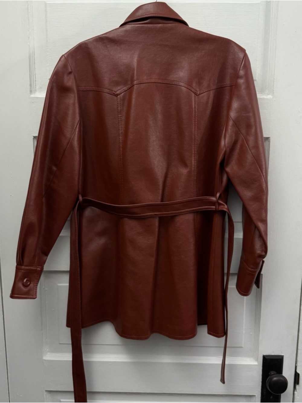 Vintage Brown Faux Leather Belted Jacket Womens M Western Shacket - Picture 5 of 11